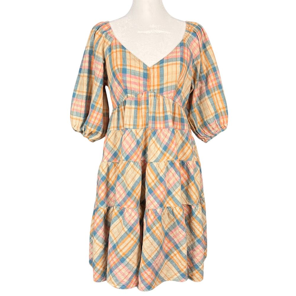 Drew Dress Womens Plaid V-Neck Tiered Balloon Picnic Babydoll Cottagecore Small